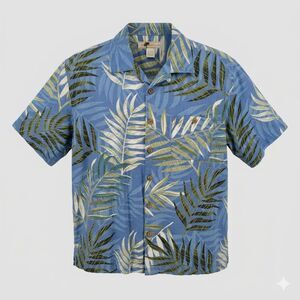 Joe Marlin Men's Large Hawaiian Shirt Blue Green Palm Short Sleeve Wood Buttons